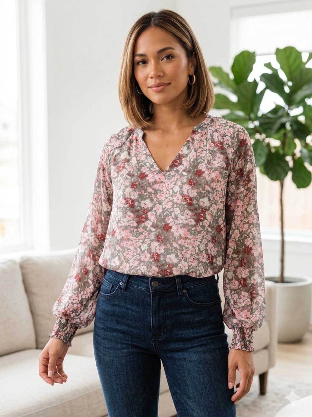 Floral V-Neck Long Sleeve Blouse - Pink
